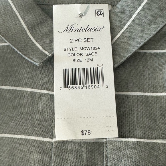 NWT MINICLASIX 2 Piece Woven Striped Shirt and Pant Set Sage Grey Size 12M - Picture 3 of 16